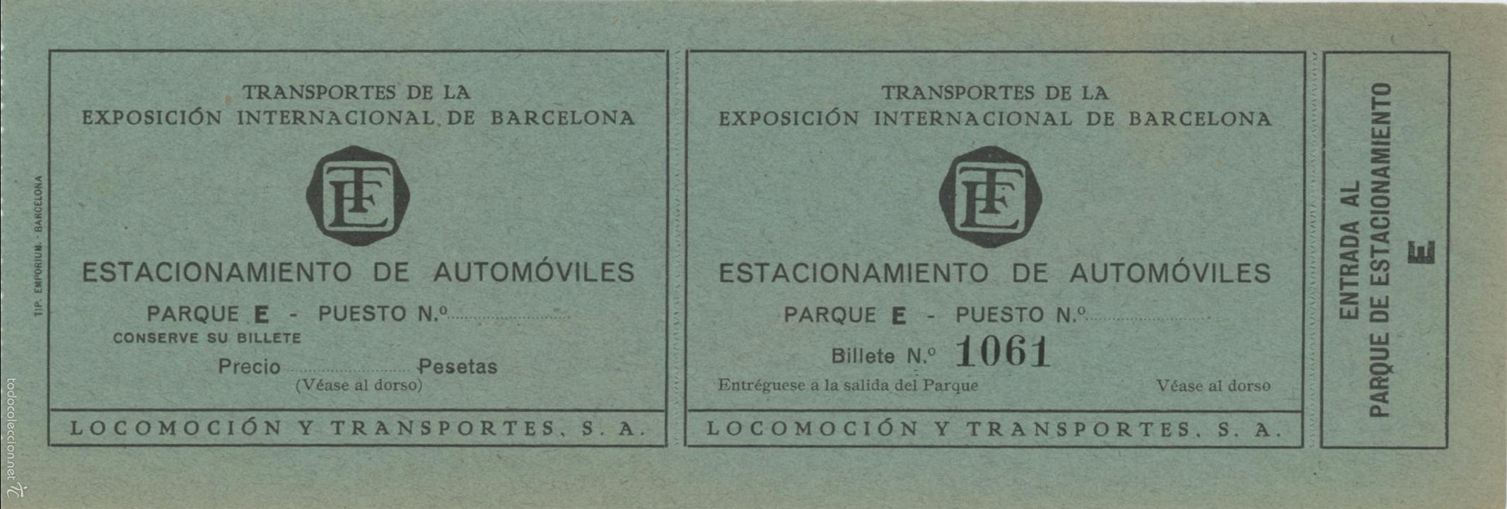 Colecionismos Bilhetes de Transporte: (F13//12 ) BILLETE DE ESTACIONAMIENTO DE AUTOMOVILES // EXPOSICION DE BARCELONA 1929