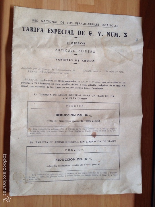 Collectionnisme Billets de transport: Bolet&iacute;n de estaci&oacute;n / Renfe / Tarjetas de Abono / 1967