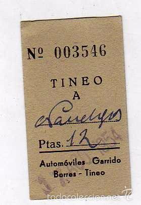 Collectionnisme Billets de transport: Billete Tineo a Navelgas. Asturias. Autom&oacute;viles Garrido. Borres Tineo.