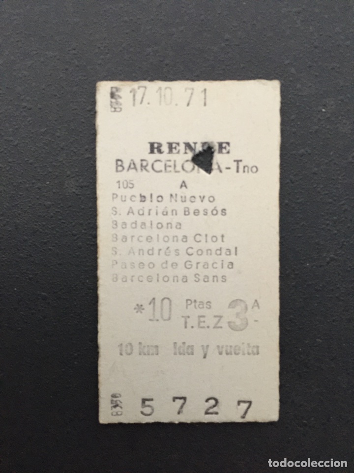 Colecionismos Bilhetes de Transporte: Billete de tren / Renfe / Barcelona T&eacute;rmino - Pueblo Nuevo, S. Adri&aacute;n, Clot, etc / 3&ordf; clase / 1971