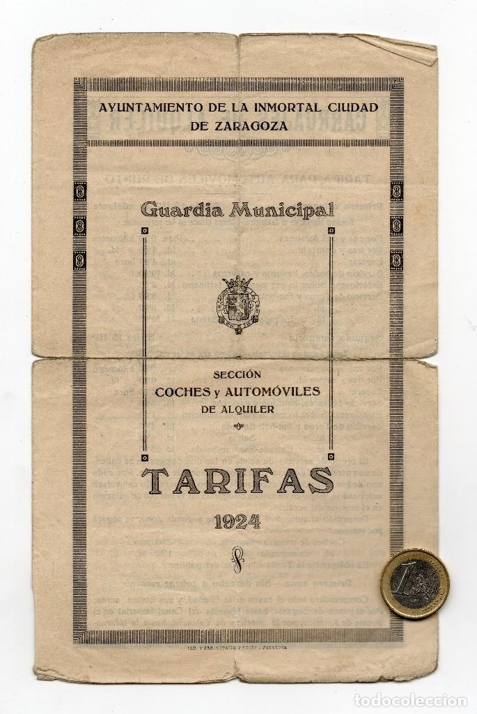 Collectionnisme Billets de transport: TARIFAS 1924 CARRUAJES DE ALQUILER AUTOMOVILES Y COCHES DE PUNTO ZARAGOZA