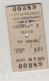 Coleccionismo Billetes de transporte: Billete en cart&oacute;n Madrid Alcala Meco 2&ordf; clase. Renfe.
