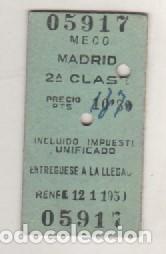 Coleccionismo Billetes de transporte: Billete en cart&oacute;n Acala Meco Madrid 2&ordf; clase. Entreguese a la llegada. Renfe.