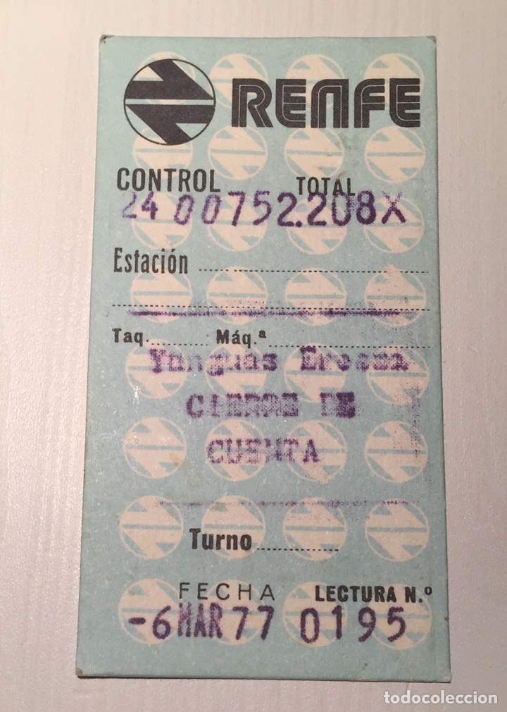 Collectionnisme Billets de transport: Billete de control // Cierre de cuenta // Yanguas de Eresma // Hugin // 1977