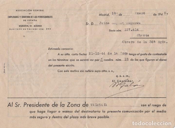 Coleccionismo Billetes de transporte: Misiva carta. Asociaci&oacute;n Empleados y Obreros de Ferrocarriles de Espa&ntilde;a 1945. Socio Cheste, Valencia