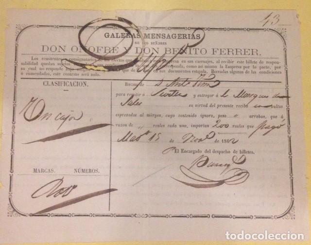 Collectables Transport Tickets: GALERAS MENSAGERIAS ONOFRE Y BENITO FERRER, RECIBO 1862