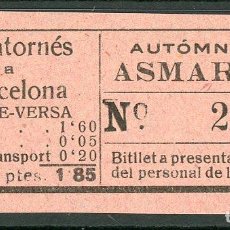 Coleccionismo Billetes de transporte: BILLETE DE AUTOMNIBUS ASMARATS // MONTORNES - BARCELONA // AÑOS 30 // Z26