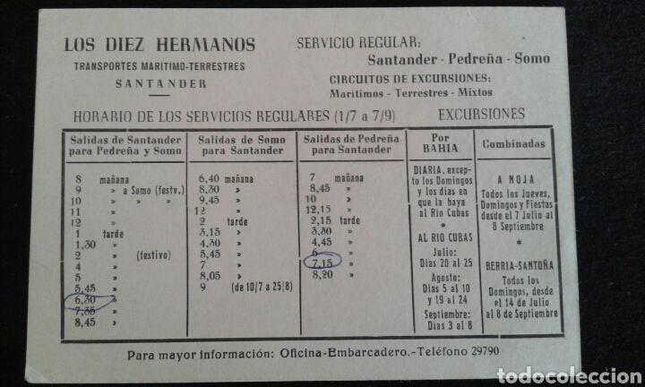 Sammeln von Fahrkarten: Antiguo cuadro horario Los Diez Hermanos (Santander) publicidad Caja de Ahorros de Santander