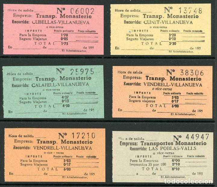 Coleccionismo Billetes de transporte: (189) 6 BILLETES TRANSPORTES MONASTERIO // CUNIT, VILLANUEVA, CUBELLAS, CALAFELL,..  //A&Ntilde;OS 40// U42
