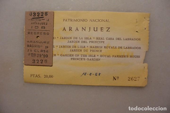 Coleccionismo Billetes de transporte: BILLETE TRANSPORTE ARANJUEZ MADRID Y ENTRADA PALACIO ARANJUEZ. 15-5-1958