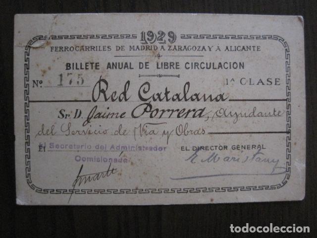 Sammeln von Fahrkarten: BILLETE LIBRE CIRCULACION - FERROCARRIL MADRID ZARAGOZA ALICANTE - A&Ntilde;O 1929 - VER FOTOS -(V-13.373)