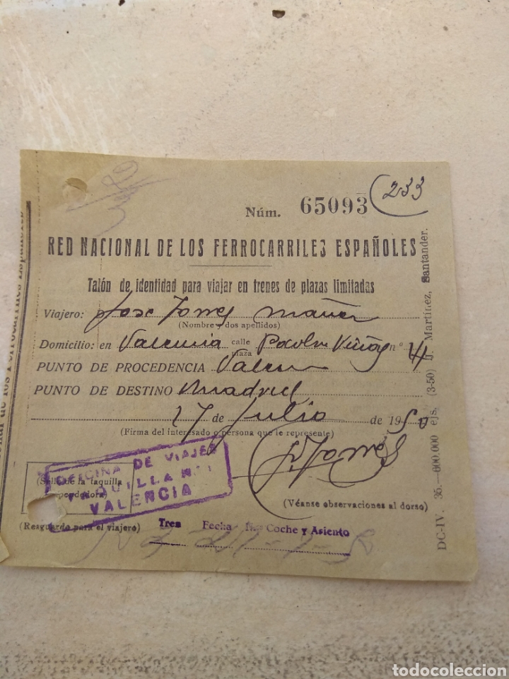 Collectionnisme Billets de transport: Tal&oacute;n de Identidad para Viajar en Trenes de Plazas Limitadas - Valencia - Madrid 1950 -