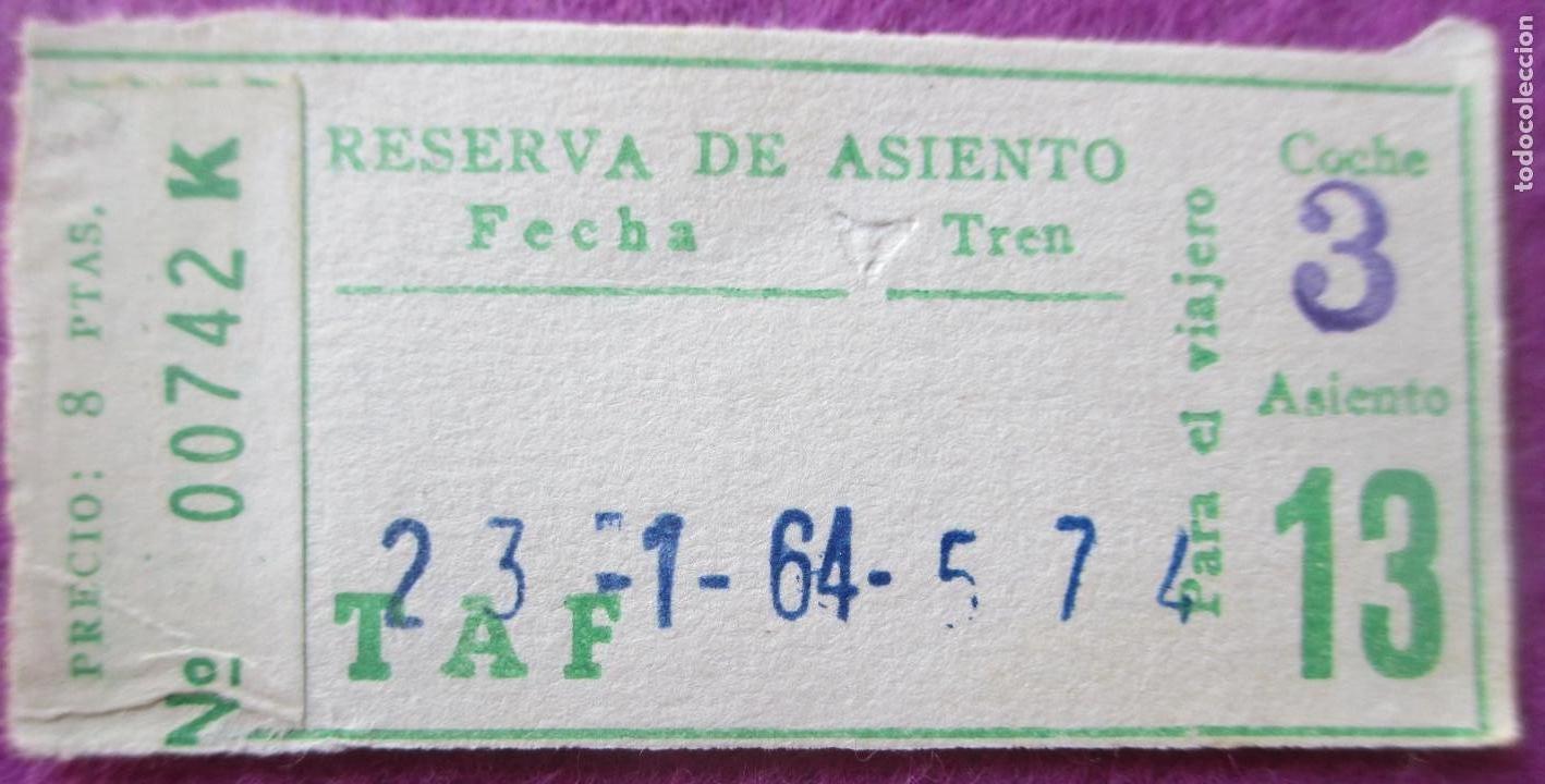 Coleccionismo Billetes de transporte: BILLETE TRANSPORTE TREN, RESERVA ASIENTO, 23-1-1964, 00742 K, CU&Ntilde;O TRASERA MADRID