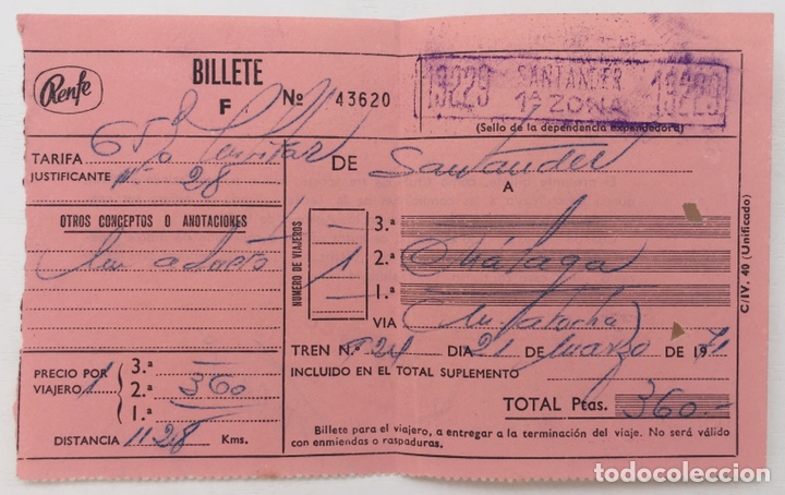 Collectionnisme Billets de transport: Billete de tren RENFE - Santander a M&aacute;laga V&iacute;a Atocha - A&ntilde;o 1971