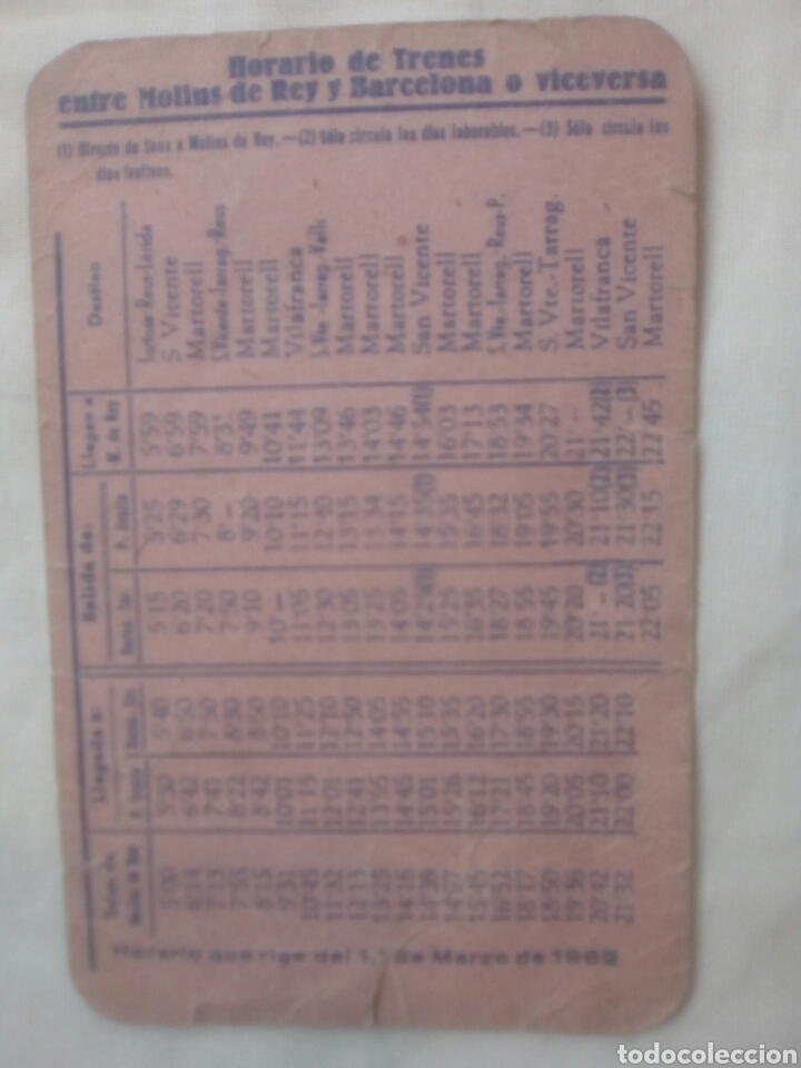 Collectables Transport Tickets: HORARIO DE TRENES CUADRO DE SERVICIOS ENTRE MOLINS DE REI Y BARCELONA, 1962
