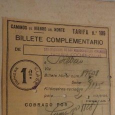 Coleccionismo Billetes de transporte: CAMINOS HIERRO NORTE.BILLETE COMPLEMENTARIO.COCHE CAMAS.BILBAO.1941 FERROCARRIL.. Lote 142298998