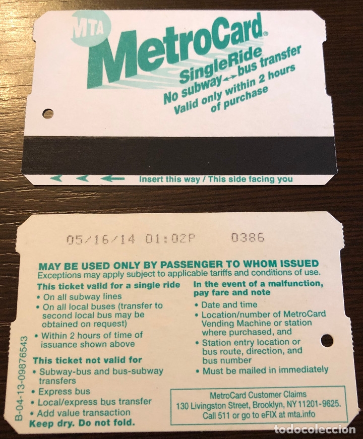 Colecionismos Bilhetes de Transporte: Billete para 1 viaje, metro de Nueva York.