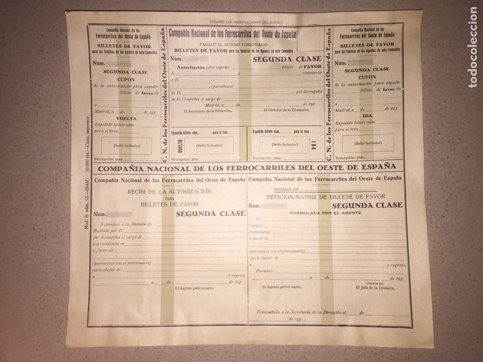 Coleccionismo Billetes de transporte: Bolet&iacute;n completo para billetes de favor // 2&ordf; clase // Nacional de los FF.CC. del Oeste // 1937