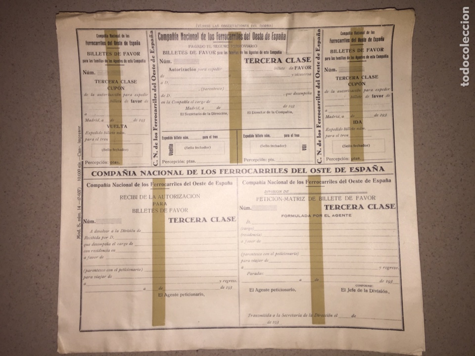 Collectables Transport Tickets: Bolet&iacute;n completo para billetes de favor // 3&ordf; clase // Nacional de los FF.CC. del Oeste // 1937