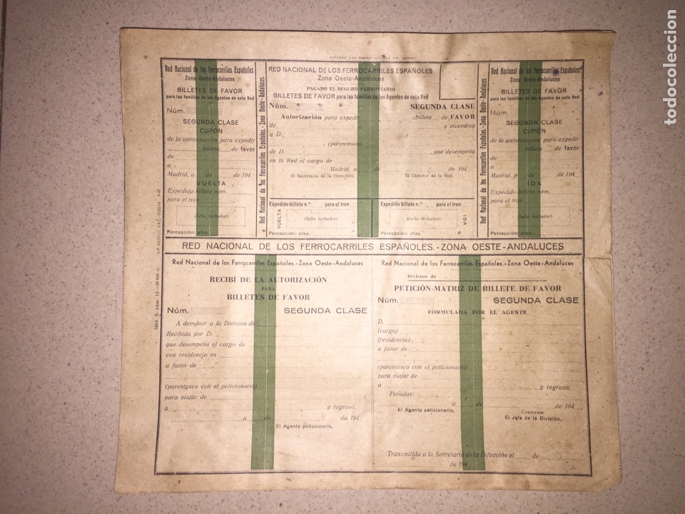 Sammeln von Fahrkarten: Bolet&iacute;n completo para billetes de favor // 2&ordf; clase // Renfe Zona Oeste - Andaluces // 1942