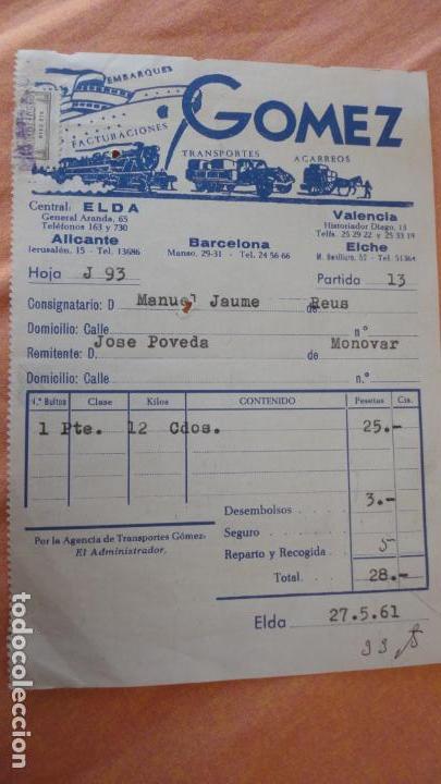 Colecionismos Bilhetes de Transporte: ANTIGUO RECIBO TRANSPORTES GOMEZ. ELDA 1961