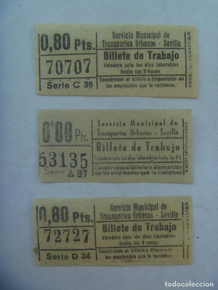 Coleccionismo Billetes de transporte: LOTE 3 BILLETES SERVICIO MUNICIPAL DE TRANSPORTES DE SEVILLA: BILLETE DE TRABAJO, A&Ntilde;OS 50 . CAPICUA