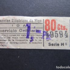 Coleccionismo Billetes de transporte: TRANVIAS ELECTRICOS DE VIGO - BILLETE CAPICUA 49594 - VUELTA (TEXTO GRANDE ) 80 CENTIMOS SOBRE CARGA