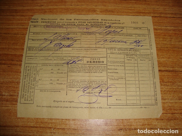 Coleccionismo billetes de transporte: (ALB-TC-102) TALON RESGUARDO TRANSPORTE GRAN VELOCIDAD MONTBLANCH BORJAS 1948