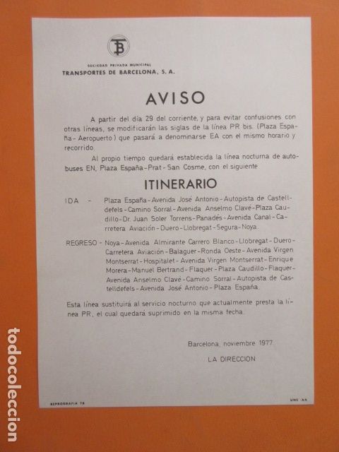 Sammeln von Fahrkarten: HISTORICO AVISO A&Ntilde;O 1977 CAMBIO SIGLAS PR BIS PLAZA ESPA&Ntilde;A AEROPUERTO POR EA LINEA NOCTURA EN