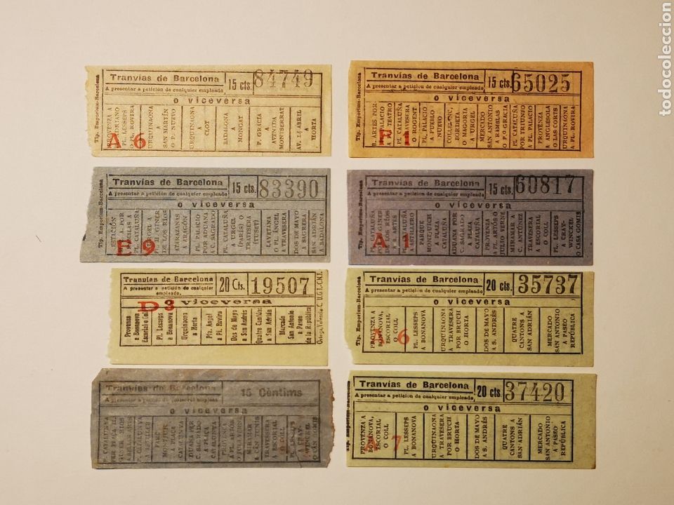 Coleccionismo Billetes de transporte: LOTE DE 8 BILLETES TRANVIA. TRANVIAS DE BARCELONA.