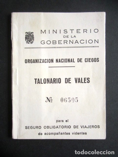 Sammeln von Fahrkarten: ORGANIZACI&Oacute;N NACIONAL DE CIEGOS. TALONARIO VALES. ONCE 1970. BILLETE IDA Y VUELTA SEGURO OBLIGATORIO