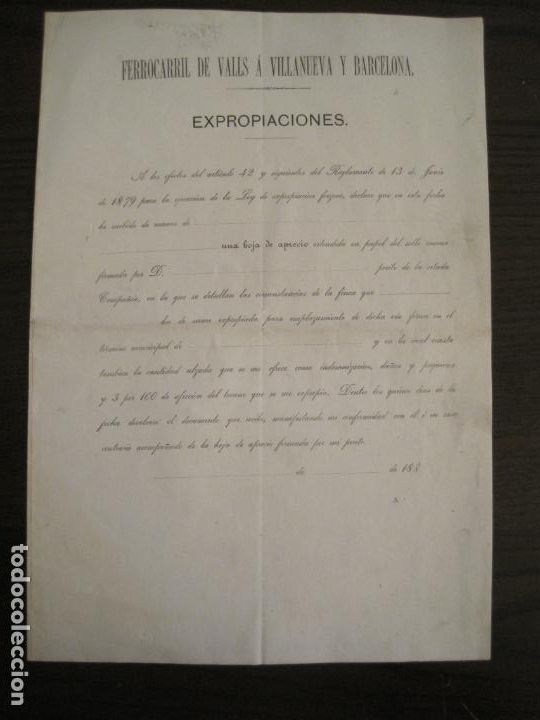 Colecionismos Bilhetes de Transporte: FERROCARRIL DE VALLS A VILLANUEVA Y BARCELONA-HOJA DE EXPROPIACIONES-A&Ntilde;O 1880-VER FOTOS-(V-18.858)