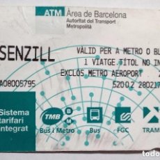 Coleccionismo Billetes de transporte: BILLETE SENCILL ATM, AREA BARCELONA, SISTEMA TARIFARI INTEGRAT 28-02-2017. Lote 193047945