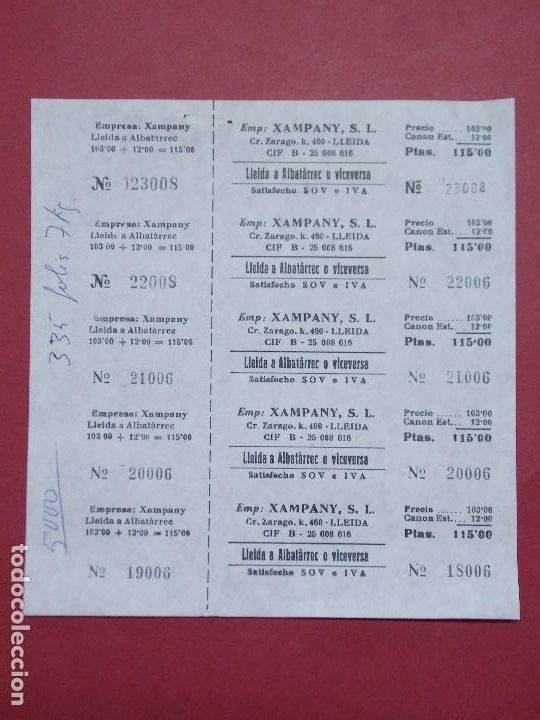 Collectionnisme Billets de transport: XAMPANY S.L. - HOJA CON 5 BILLETE DE AUTOBUS, BUS DE LLEIDA  A  ALBATARREC ...L627