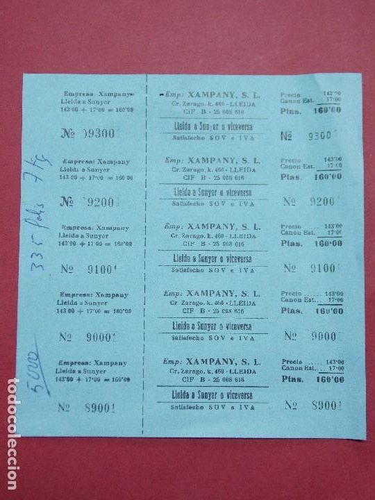 Collectionnisme Billets de transport: XAMPANY S.L. - HOJA CON 5 BILLETE DE AUTOBUS, BUS DE LLEIDA  A  SUNYER ...L628