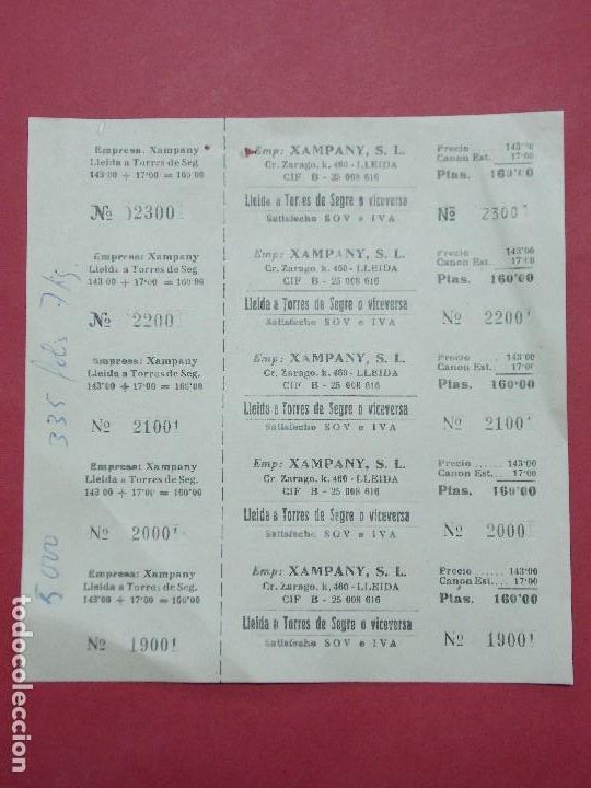 Collectionnisme Billets de transport: XAMPANY S.L. - HOJA CON 5 BILLETE DE AUTOBUS, BUS DE LLEIDA  A  TORRES DE SEGRE ...L629