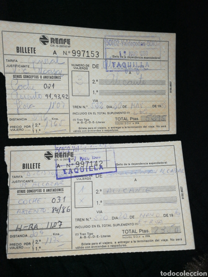 Collectionnisme Billets de transport: BILLETES TREN RENFE 1989,MANUSCRITO, 2 UNIDADES, ALICANTE