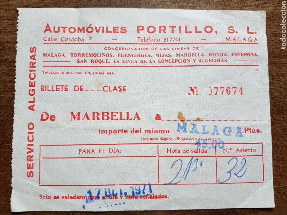 Coleccionismo Billetes de transporte: Billete autobus Portillo Marbella a M&aacute;laga 1971