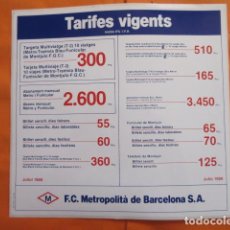 Coleccionismo Billetes de transporte: AVISO EN ADHESIVO TARIFAS VIGENTES FERROCARRIL METRO DE BARCELONA JULIO 1988. Lote 206310793
