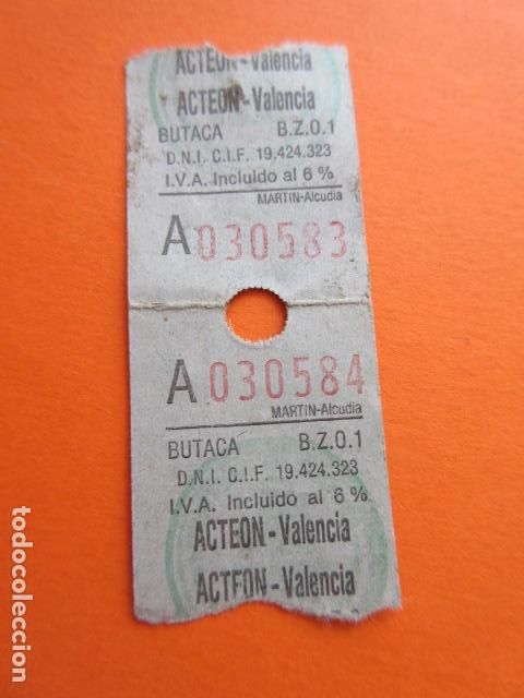 Collectables Transport Tickets: 2 BILLETE CINE ACTEON VALENCIA