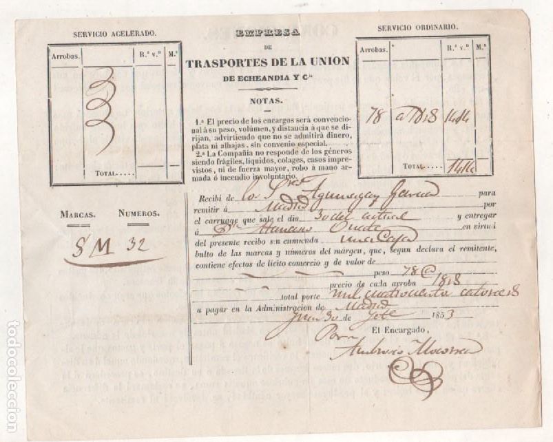 Collectionnisme Billets de transport: Empresa de transportes de la uni&oacute;n de Echand&iacute;a y cia. 1853 Madrid.