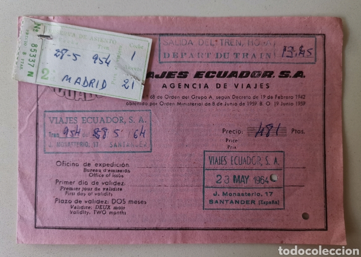Sammeln von Fahrkarten: Billete de Tren Santander Madrid - 2&ordf; Clase -RENFE- Red Nacional de los Ferrocarriles Espa&ntilde;oles 1964