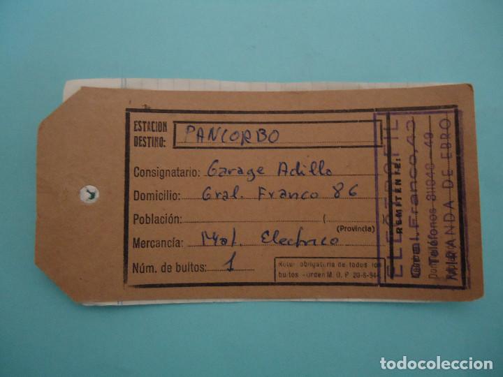 Coleccionismo Billetes de transporte: ETIQUETA PARA ENVIO DE BULTOS DESDE MIRANDA DE EBRO HASTA PANCORBO. ENVIA ELECTROFIL. ANTIGUO