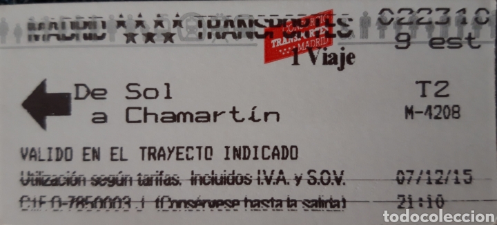 Collectables Transport Tickets: BILLETE METRO MADRID. DE SOL A CHAMART&Iacute;N