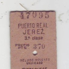 Coleccionismo Billetes de transporte: RENFE - AÑO 1949 - BILLETE TREN CERCANIAS, 3ª CLASE - DE PUERTO REAL A JEREZ - PRECIO 3,70 PTAS
