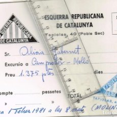 Coleccionismo Billetes de transporte: 1981 3 BILLETS D´ESQUERRA REPUBLICANA DE CATALUNYA PER UNA EXCURSIÓ A CAMPRODON - MOLLÓ + NOTA TOTAL. Lote 233090380