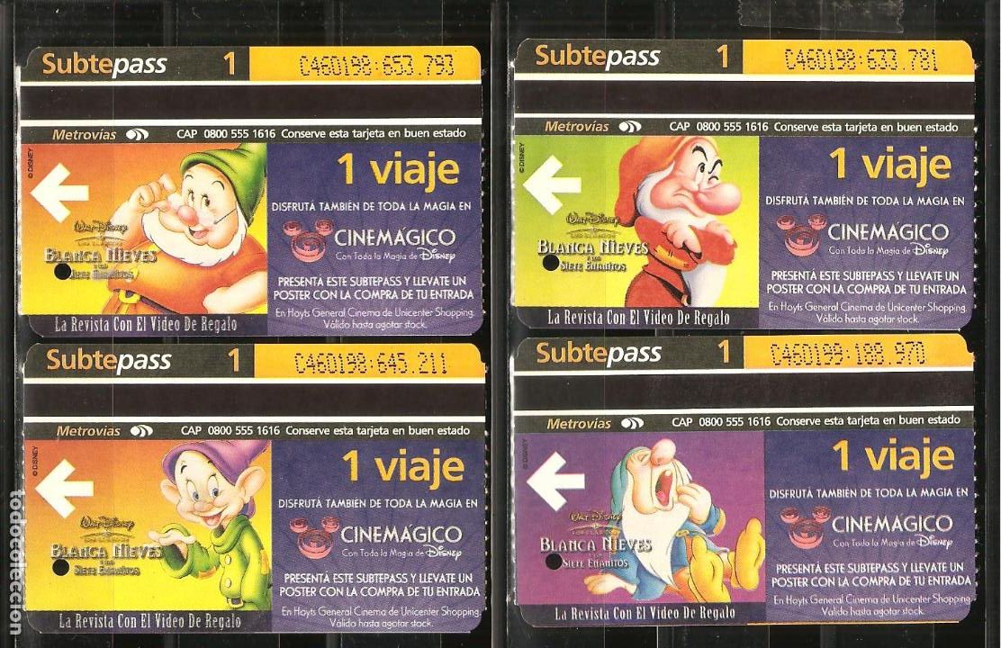Coleccionismo Billetes de transporte: BILLETES METRO BUENOS AIRES, SUBTEPASS, 4 DISTINTOS, CINE-FILMS, BLANCANIEVES Y LOS 7 ENANITOS