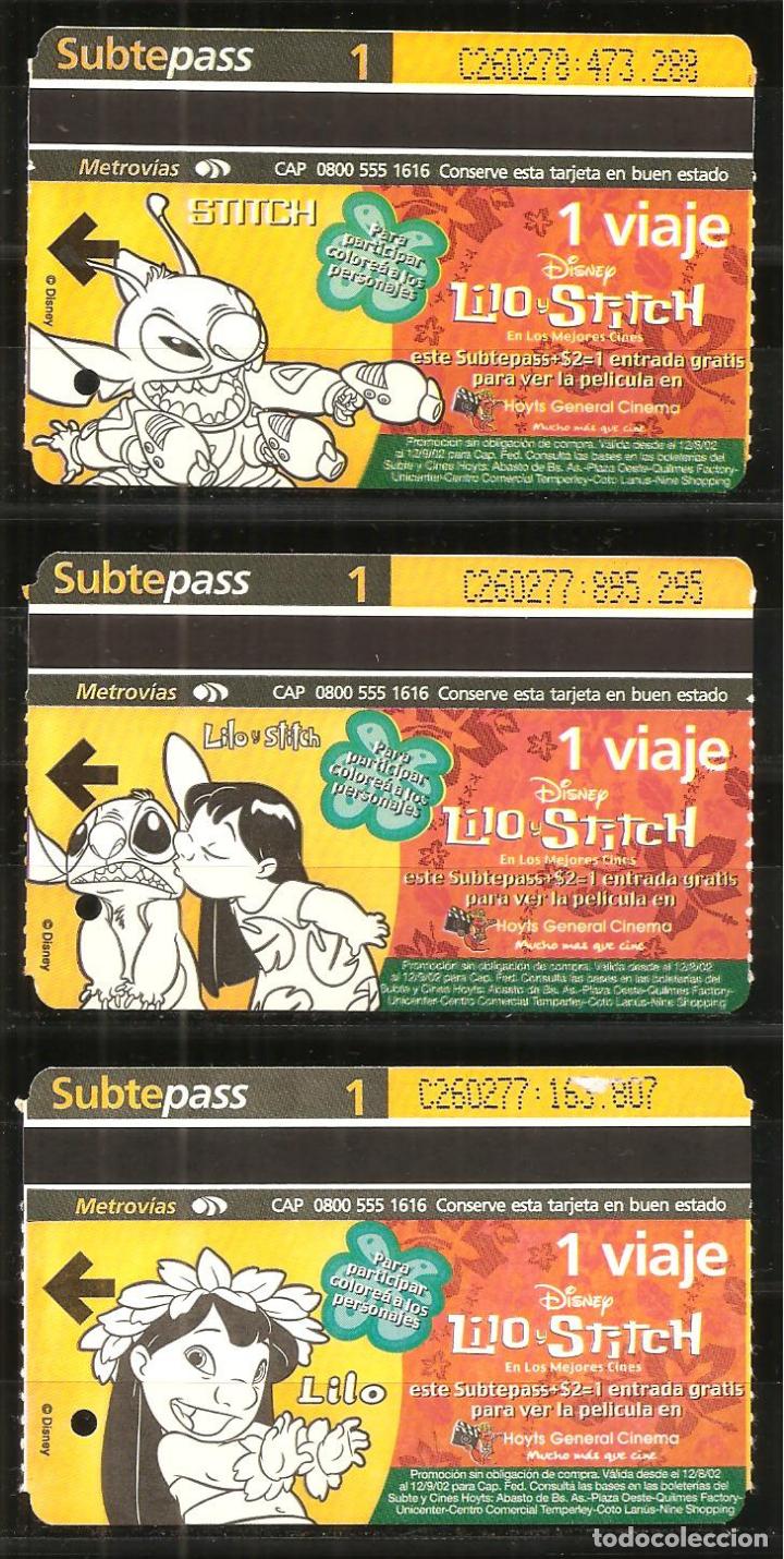 Collectionnisme Billets de transport: BILLETES METRO BUENOS AIRES, SUBTEPASS, 3 DISTINTOS, CINE-FILMS, LILO Y STITCH