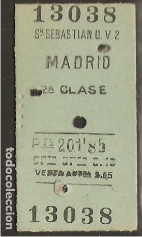 Coleccionismo Billetes de transporte: BILLETE TRANSPORTE, TREN SAN SEBASTI&Aacute;N A MADRID, 1963, ANTIGUO