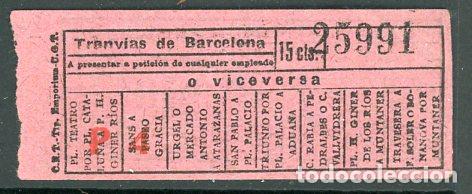 Sammeln von Fahrkarten: F20/3 - BILLETE DE TRANVIAS DE BARCELONA // CNT - EMPORIUN - UGT // SEIS11